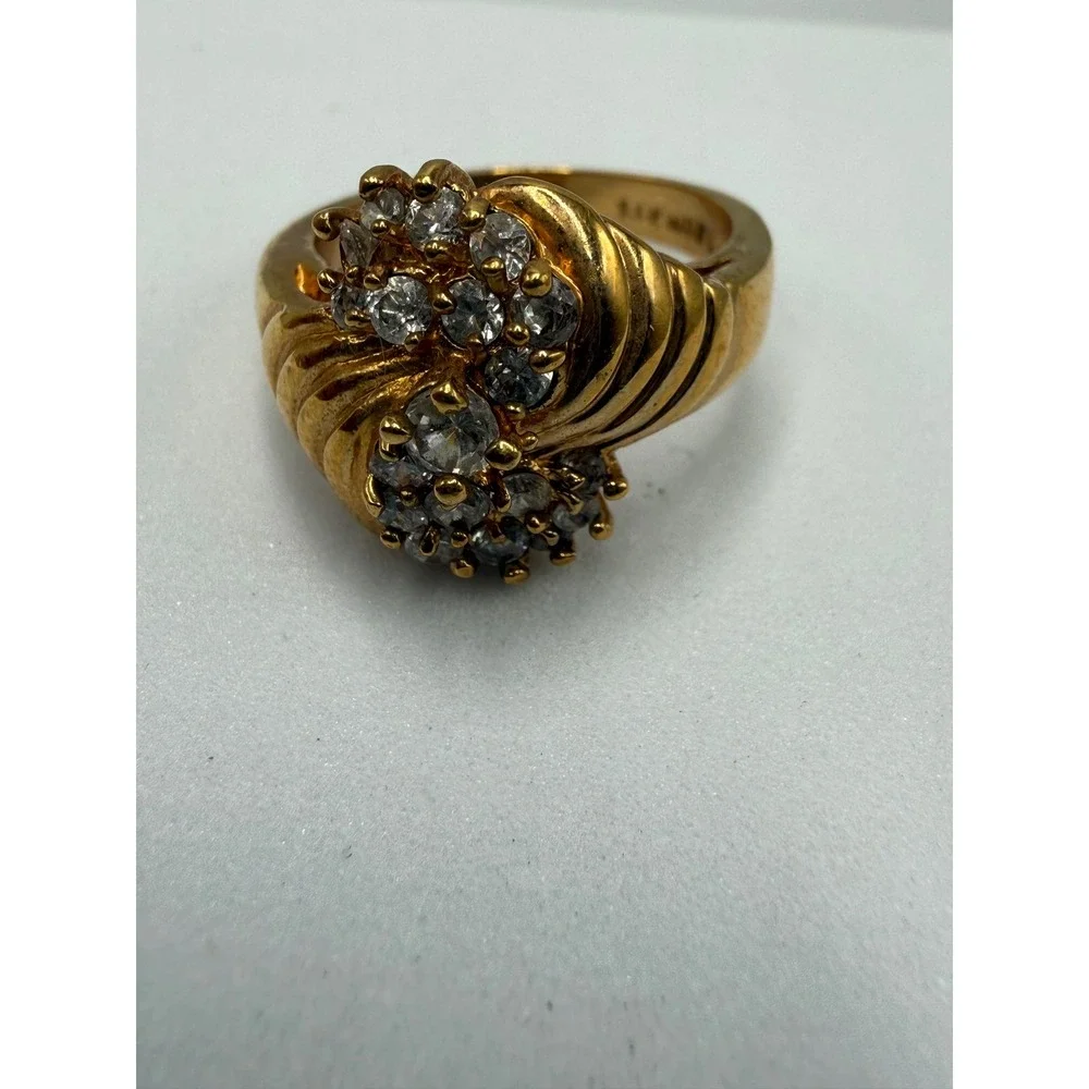Lind 14K HGE Gold Tone Clear‎ Stone Cluster Bypass Cocktail Ring Size 7.25